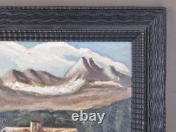 Ancien Tableau Peint À L'huile Bologna Vue Montagne Avec Cadre Noir 1929