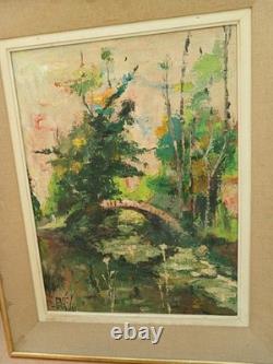 Ancien Tableau Peinture A L Huile. Sur Bois Paysage Pont Rivière Signé R Faure