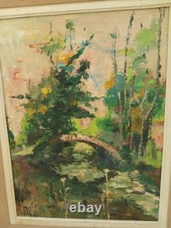 Ancien Tableau Peinture A L Huile. Sur Bois Paysage Pont Rivière Signé R Faure