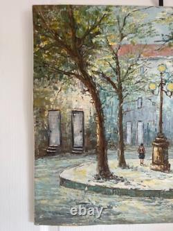 Ancien Tableau Peinture Couteau Huile Toile Place Rue Paris Parisienne Signé