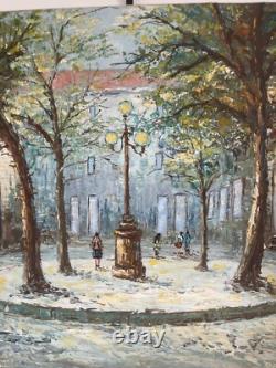 Ancien Tableau Peinture Couteau Huile Toile Place Rue Paris Parisienne Signé