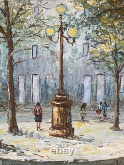 Ancien Tableau Peinture Couteau Huile Toile Place Rue Paris Parisienne Signé
