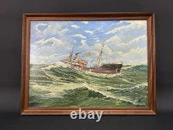 Ancien Tableau Peinture HST Chalutier de Pêche Breton en Mer P. Datin 1948