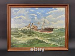 Ancien Tableau Peinture HST Chalutier de Pêche Breton en Mer P. Datin 1948