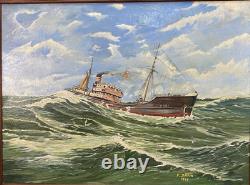 Ancien Tableau Peinture HST Chalutier de Pêche Breton en Mer P. Datin 1948