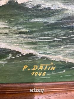 Ancien Tableau Peinture HST Chalutier de Pêche Breton en Mer P. Datin 1948