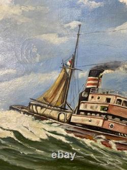 Ancien Tableau Peinture HST Chalutier de Pêche Breton en Mer P. Datin 1948