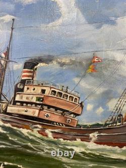 Ancien Tableau Peinture HST Chalutier de Pêche Breton en Mer P. Datin 1948