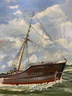 Ancien Tableau Peinture HST Chalutier de Pêche Breton en Mer P. Datin 1948