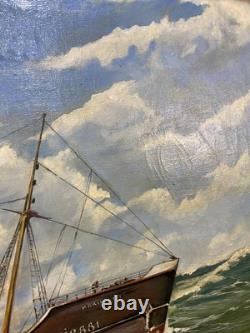 Ancien Tableau Peinture HST Chalutier de Pêche Breton en Mer P. Datin 1948