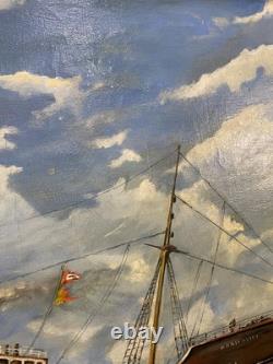 Ancien Tableau Peinture HST Chalutier de Pêche Breton en Mer P. Datin 1948