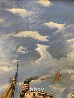 Ancien Tableau Peinture HST Chalutier de Pêche Breton en Mer P. Datin 1948
