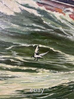 Ancien Tableau Peinture HST Chalutier de Pêche Breton en Mer P. Datin 1948