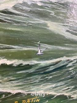 Ancien Tableau Peinture HST Chalutier de Pêche Breton en Mer P. Datin 1948
