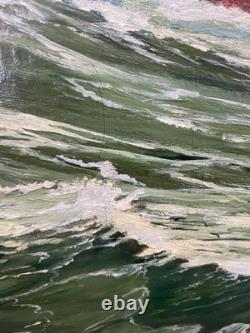 Ancien Tableau Peinture HST Chalutier de Pêche Breton en Mer P. Datin 1948
