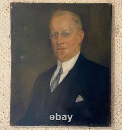 Ancien Tableau Peinture HST Portrait Homme à Lunettes Deutscher Maler 1930's