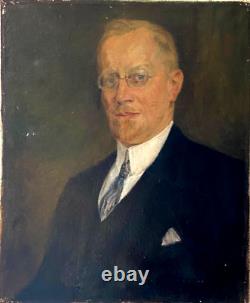 Ancien Tableau Peinture HST Portrait Homme à Lunettes Deutscher Maler 1930's