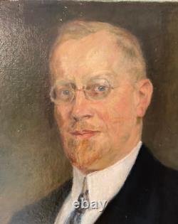 Ancien Tableau Peinture HST Portrait Homme à Lunettes Deutscher Maler 1930's