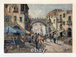 Ancien Tableau Peinture HST- Scène de Marché Animée Signé Silvestro Tavoletta