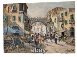 Ancien Tableau Peinture HST- Scène de Marché Animée Signé Silvestro Tavoletta