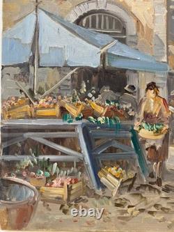Ancien Tableau Peinture HST- Scène de Marché Animée Signé Silvestro Tavoletta