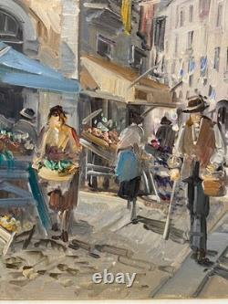Ancien Tableau Peinture HST- Scène de Marché Animée Signé Silvestro Tavoletta
