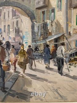 Ancien Tableau Peinture HST- Scène de Marché Animée Signé Silvestro Tavoletta