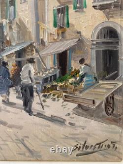 Ancien Tableau Peinture HST- Scène de Marché Animée Signé Silvestro Tavoletta