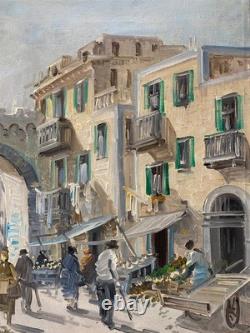 Ancien Tableau Peinture HST- Scène de Marché Animée Signé Silvestro Tavoletta