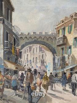 Ancien Tableau Peinture HST- Scène de Marché Animée Signé Silvestro Tavoletta