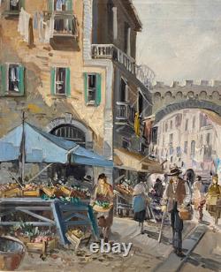 Ancien Tableau Peinture HST- Scène de Marché Animée Signé Silvestro Tavoletta