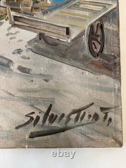 Ancien Tableau Peinture HST- Scène de Marché Animée Signé Silvestro Tavoletta