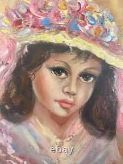 Ancien Tableau Peinture Huile Anna De Banguy Portrait Femme Fille Fillette 1950