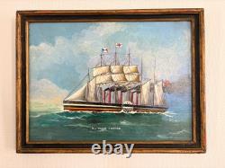 Ancien Tableau Peinture Huile Bois Panneau Great Eastern par Brunel Marine XIXèm