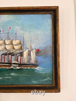 Ancien Tableau Peinture Huile Bois Panneau Great Eastern par Brunel Marine XIXèm