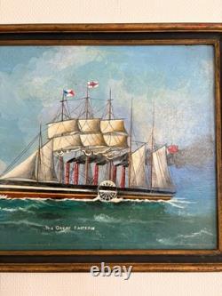 Ancien Tableau Peinture Huile Bois Panneau Great Eastern par Brunel Marine XIXèm