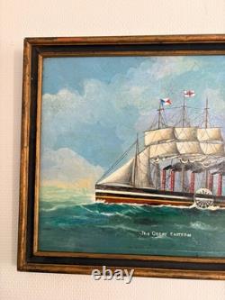 Ancien Tableau Peinture Huile Bois Panneau Great Eastern par Brunel Marine XIXèm