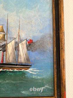 Ancien Tableau Peinture Huile Bois Panneau Great Eastern par Brunel Marine XIXèm