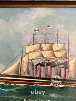Ancien Tableau Peinture Huile Bois Panneau Great Eastern par Brunel Marine XIXèm