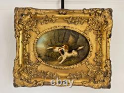 Ancien Tableau Peinture Huile Cadre Doré Portrait Chien Chasse Anglais