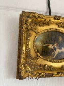 Ancien Tableau Peinture Huile Cadre Doré Portrait Chien Chasse Anglais