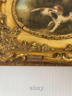 Ancien Tableau Peinture Huile Cadre Doré Portrait Chien Chasse Anglais