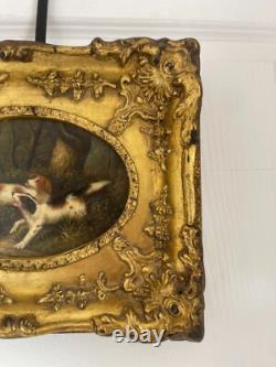 Ancien Tableau Peinture Huile Cadre Doré Portrait Chien Chasse Anglais
