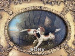 Ancien Tableau Peinture Huile Cadre Doré Portrait Chien Chasse Anglais