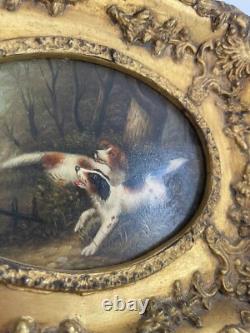 Ancien Tableau Peinture Huile Cadre Doré Portrait Chien Chasse Anglais