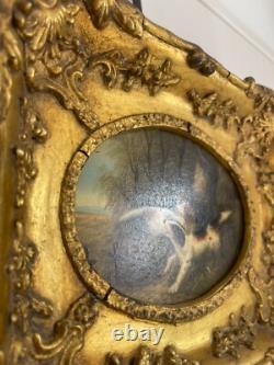 Ancien Tableau Peinture Huile Cadre Doré Portrait Chien Chasse Anglais