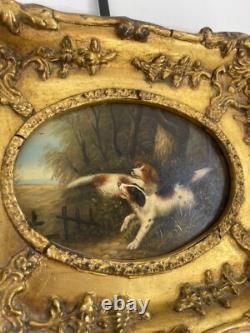 Ancien Tableau Peinture Huile Cadre Doré Portrait Chien Chasse Anglais