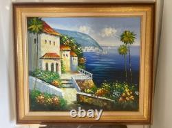 Ancien Tableau Peinture Huile Cadre Doré Provence Méditerranée Italie