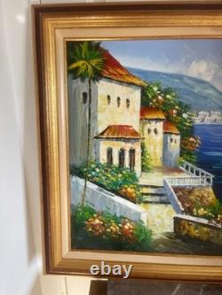 Ancien Tableau Peinture Huile Cadre Doré Provence Méditerranée Italie