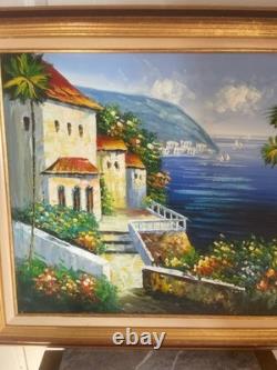 Ancien Tableau Peinture Huile Cadre Doré Provence Méditerranée Italie